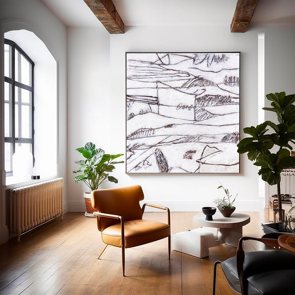 Minimalist Large Original Abstract Painting in Acrylic, Black & White Modern Contemporary Canvas Wall Art | Es II