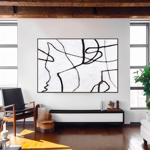 Minimalist Large Original Abstract Acrylic Painting, Black & White Modern Canvas Wall Art | Es I (Horizontal Ver.)