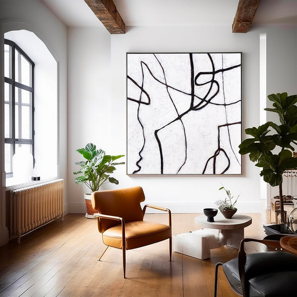 Minimalist Large Original Abstract Acrylic Painting, Black & White Modern Contemporary Canvas Wall Art | Es I