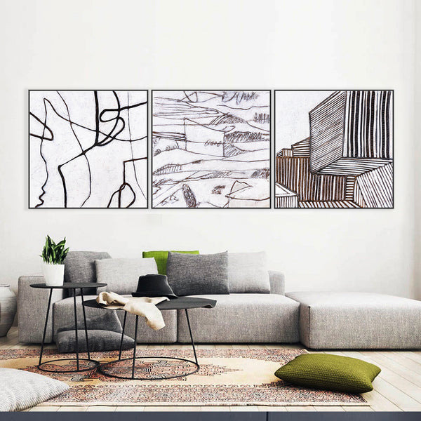 Minimalist Large Original Abstract Acrylic Painting, Black & White Modern Contemporary Canvas Wall Art | Es (3 Set)