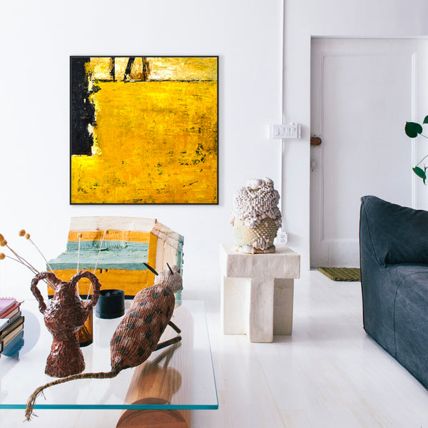 Yellow Expressionist of Original Abstract Acrylic Painting, Modern Canvas Wall Art | Field of yellow (Square Ver.)