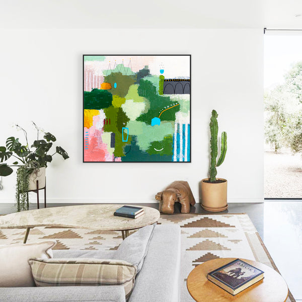 Original Abstract Acrylic Painting, Large Modern Canvas Wall Art with a Cheerful Green Emphasis | Galene
