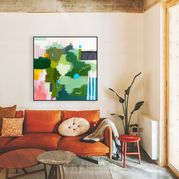 Original Abstract Acrylic Painting, Large Modern Canvas Wall Art with a Cheerful Green Emphasis | Galene