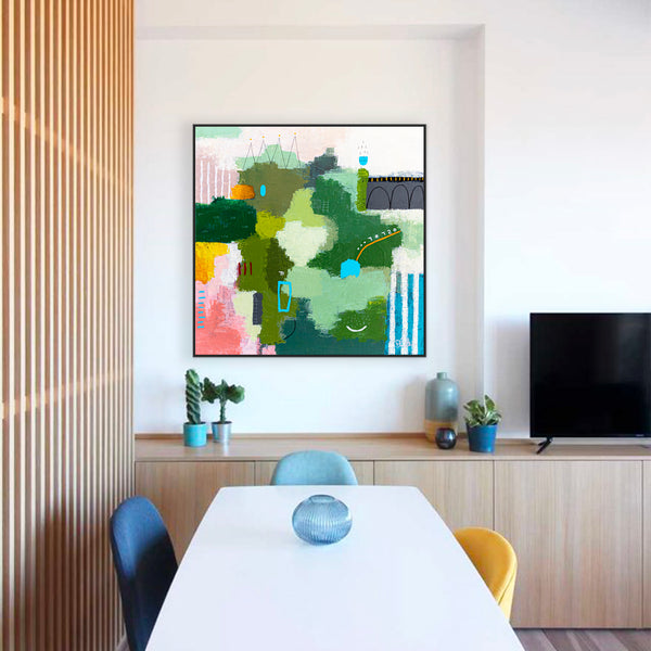 Original Abstract Acrylic Painting, Large Modern Canvas Wall Art with a Cheerful Green Emphasis | Galene