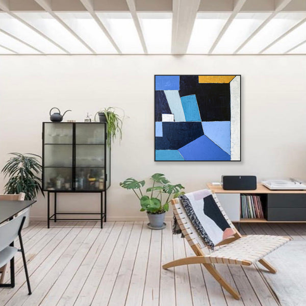 Geometric Blue Original Abstract Painting in Acrylic, Modern Canvas Wall Art of Dynamic Interplay | Geometry II