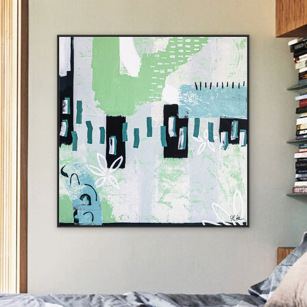 Contemporary Painting Expressionist Original Painting, Fresh Warmth in Green Tones, Modern Canvas Wall Art | Green sentimental (40"x40")