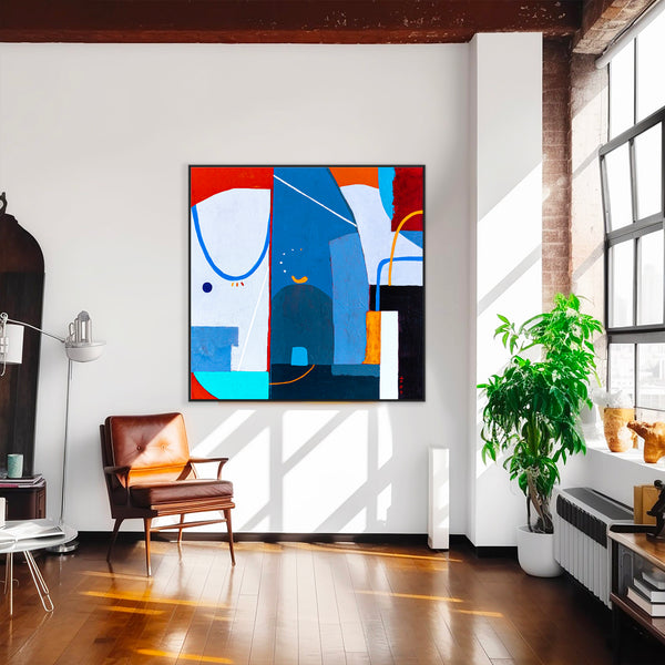 Large Original Abstract Acrylic Painting, Modern Colorful Canvas Wall Art with Imaginative Blue and Red | Hadanka