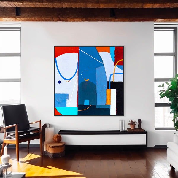 Large Original Abstract Acrylic Painting, Modern Colorful Canvas Wall Art with Imaginative Blue and Red | Hadanka