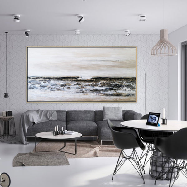 Seascape in Acrylic Abstract Original Painting, Large Canvas Modern Wall Art of Light & Land Boundary | Horizon II