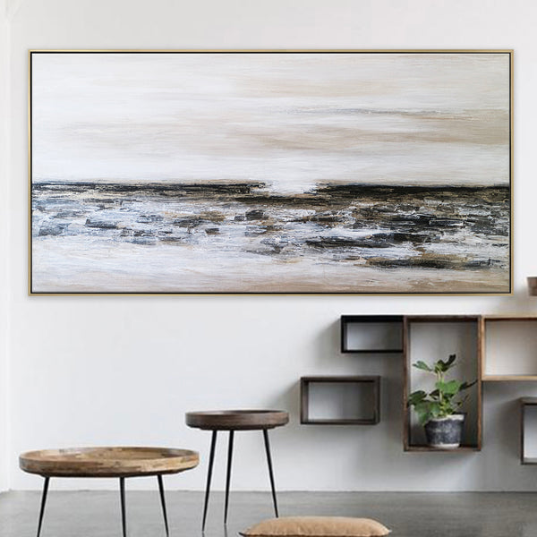 Seascape in Acrylic Abstract Original Painting, Large Canvas Modern Wall Art of Light & Land Boundary | Horizon II