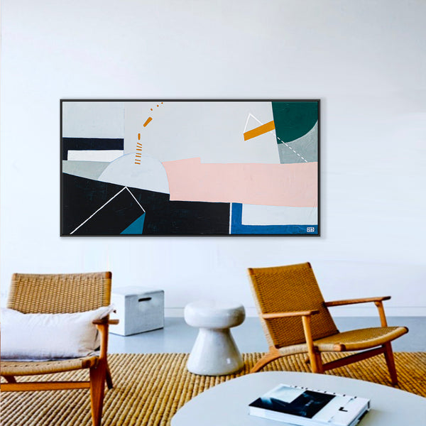 Surreal Geometric Original Abstract Painting in Acrylic, Wide Contemporary Modern Canvas Wall Art | Kafkaesque I