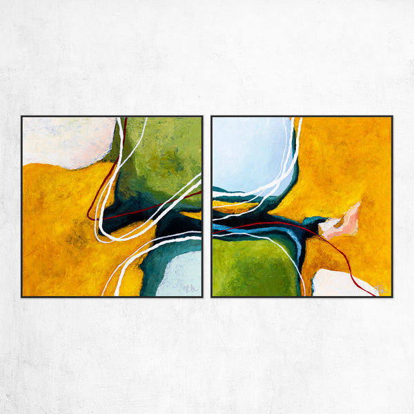 2 Set of Original Abstract Painting in Acrylic, Modern Yellow and Green Hues Canvas Wall Art | Kalliroi (2 Set)