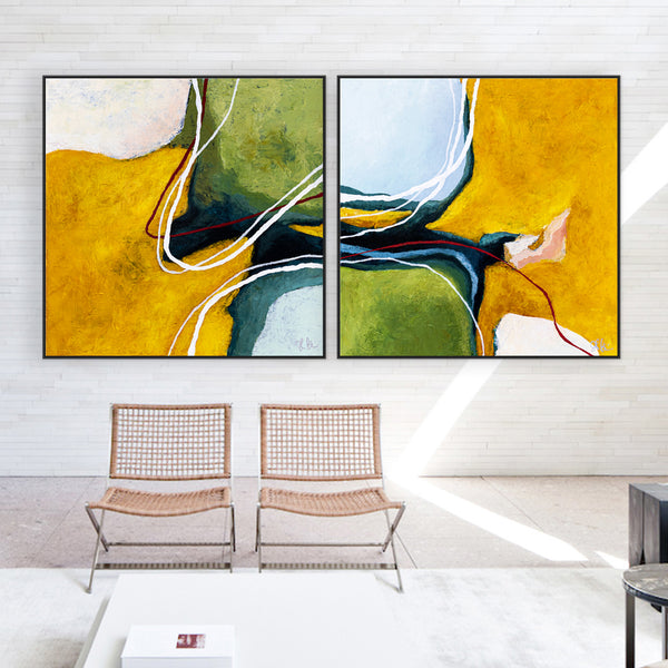 2 Set of Original Abstract Painting in Acrylic, Modern Yellow and Green Hues Canvas Wall Art | Kalliroi (2 Set)