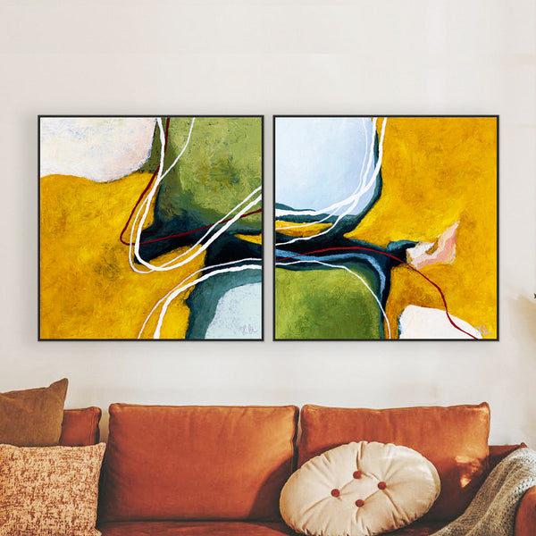 2 Set of Original Abstract Painting, Modern Yellow and Green Hues Canvas Wall Art | Kalliroi (2 Set) (24"x24")