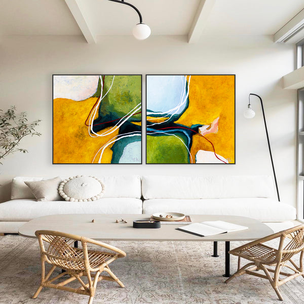 2 Set of Original Abstract Painting in Acrylic, Modern Yellow and Green Hues Canvas Wall Art | Kalliroi (2 Set)