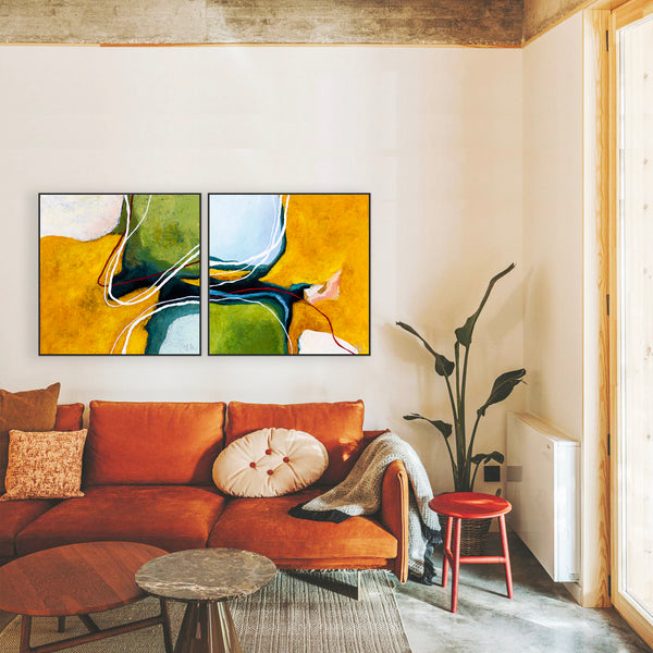 2 Set of Original Abstract Painting, Modern Yellow and Green Hues Canvas Wall Art | Kalliroi (2 Set) (24"x24")