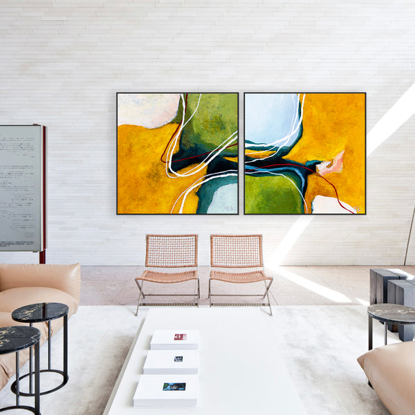 2 Set of Original Abstract Painting in Acrylic, Modern Yellow and Green Hues Canvas Wall Art | Kalliroi (2 Set)