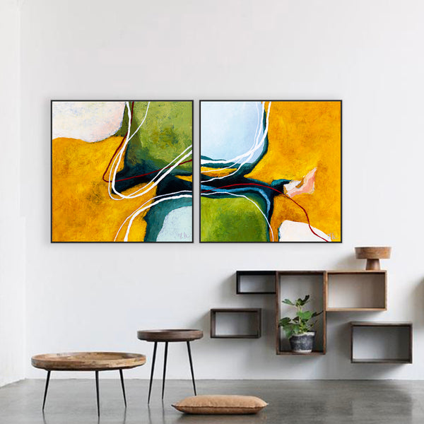 2 Set of Original Abstract Painting in Acrylic, Modern Yellow and Green Hues Canvas Wall Art | Kalliroi (2 Set)