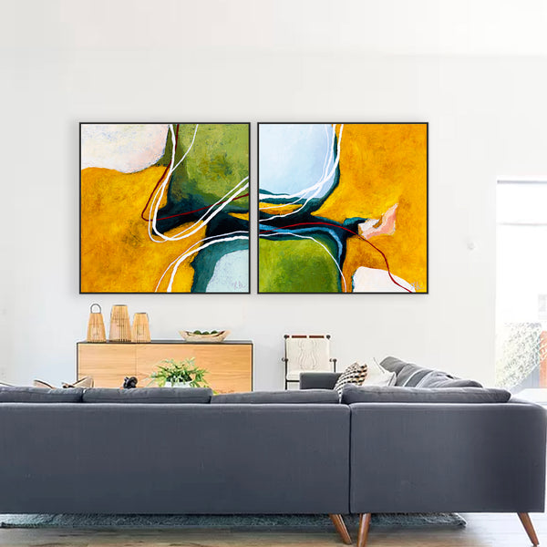 2 Set of Original Abstract Painting in Acrylic, Modern Yellow and Green Hues Canvas Wall Art | Kalliroi (2 Set)