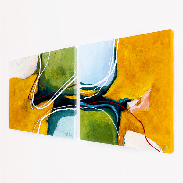 2 Set of Original Abstract Painting, Modern Yellow and Green Hues Canvas Wall Art | Kalliroi (2 Set) (24"x24")