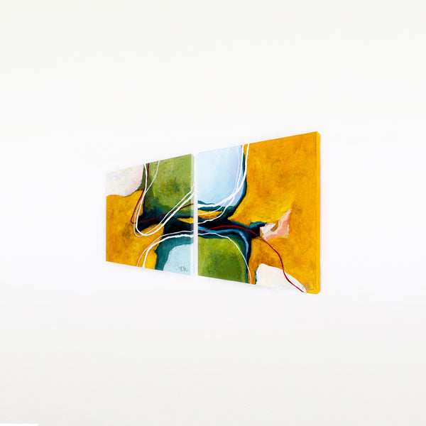 2 Set of Original Abstract Painting, Modern Yellow and Green Hues Canvas Wall Art | Kalliroi (2 Set) (24"x24")