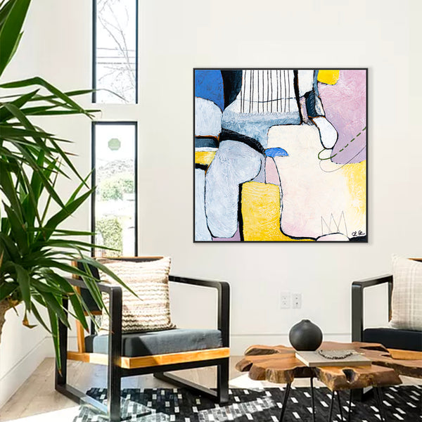 Large Original Abstract Bright Painting with Soft Curves, Playful and Soft Feeling Modern Canvas Wall Art | Lage