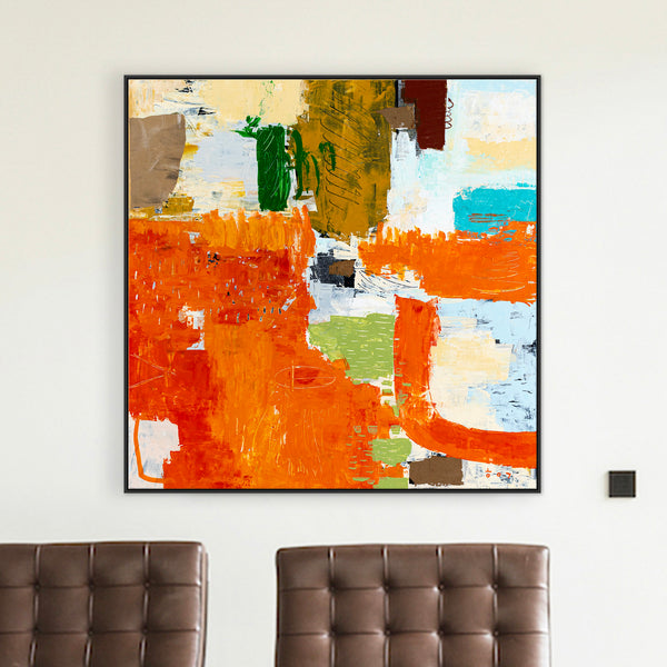 Large Modern Contemporary Original Abstract Painting, Orange Acrylic & Mixed Media | Leporem (48"x48")