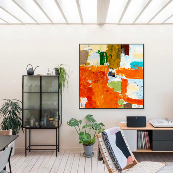 Large Modern Contemporary Original Abstract Painting, Orange Acrylic & Mixed Media | Leporem (48"x48")