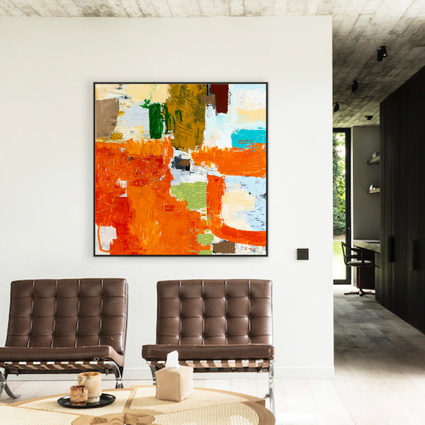 Large Modern Contemporary Original Abstract Painting, Orange Acrylic & Mixed Media | Leporem (48"x48")