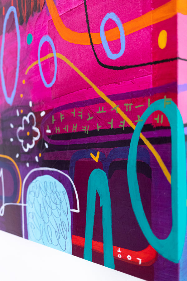 Large Abstract Pop Composition Painting in Acrylic, A Striking Modern Contemporary Canvas Wall Art | Locked in magenta (46"x46")