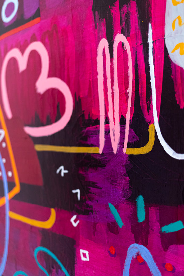 Large Abstract Pop Composition Painting in Acrylic, A Striking Modern Contemporary Canvas Wall Art | Locked in magenta (46"x46")