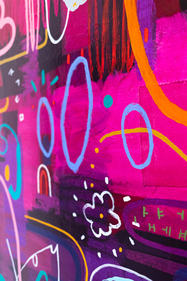 Large Abstract Pop Composition Painting in Acrylic, A Striking Modern Contemporary Canvas Wall Art | Locked in magenta (46"x46")