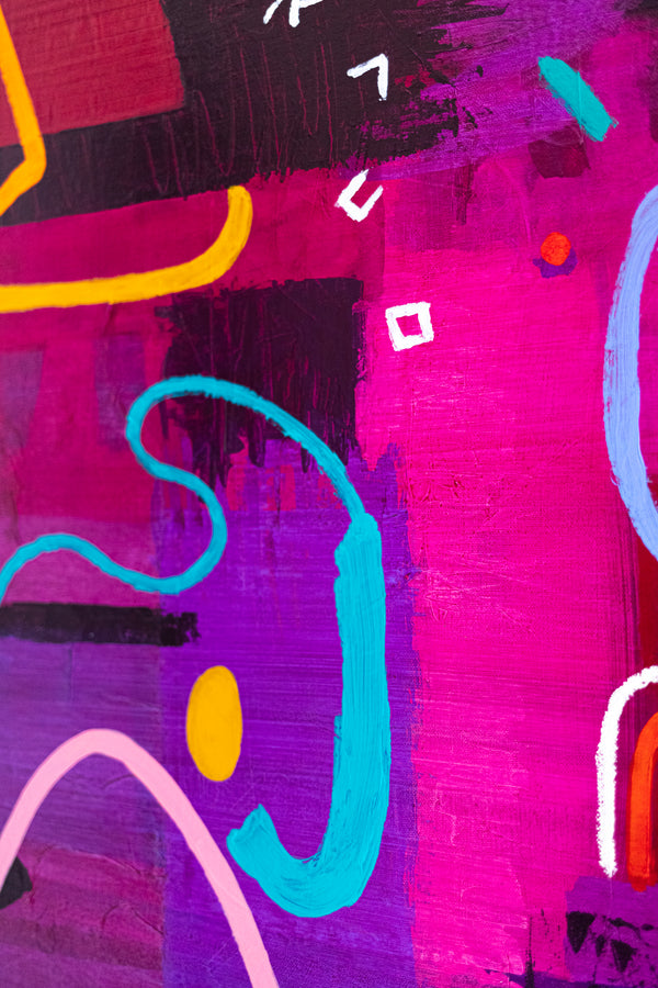 Large Abstract Pop Composition Painting in Acrylic, A Striking Modern Contemporary Canvas Wall Art | Locked in magenta (46"x46")