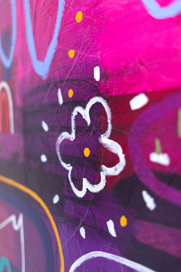 Large Abstract Pop Composition Painting in Acrylic, A Striking Modern Contemporary Canvas Wall Art | Locked in magenta (46"x46")