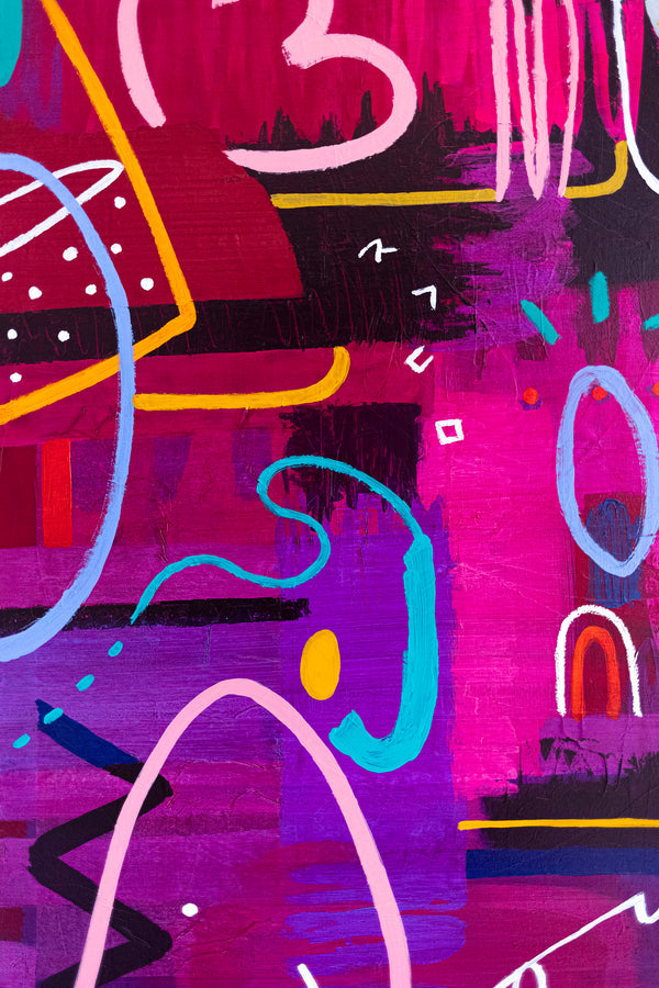 Large Abstract Pop Composition Painting in Acrylic, A Striking Modern Contemporary Canvas Wall Art | Locked in magenta (46"x46")