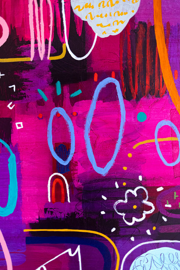 Large Abstract Pop Composition Painting in Acrylic, A Striking Modern Contemporary Canvas Wall Art | Locked in magenta (46"x46")