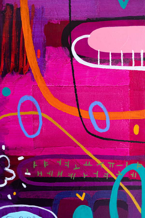 Large Abstract Pop Composition Painting in Acrylic, A Striking Modern Contemporary Canvas Wall Art | Locked in magenta (46"x46")