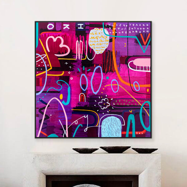 Large Abstract Pop Composition Painting in Acrylic, A Striking Modern Contemporary Canvas Wall Art | Locked in magenta (46"x46")