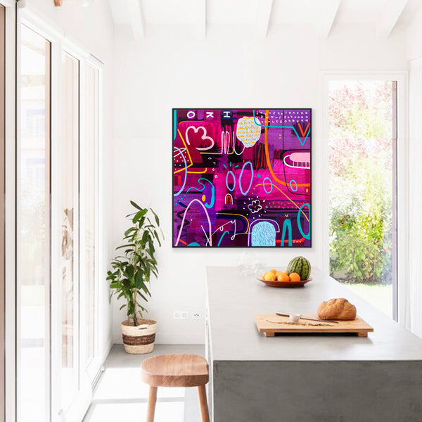 Large Abstract Pop Composition Painting in Acrylic, A Striking Modern Contemporary Canvas Wall Art | Locked in magenta (46"x46")