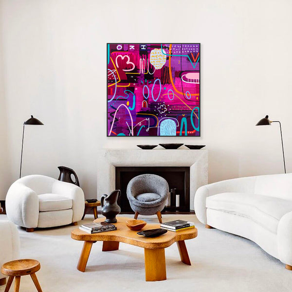 Large Abstract Pop Composition Painting in Acrylic, A Striking Modern Contemporary Canvas Wall Art | Locked in magenta (46"x46")