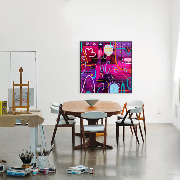 Large Abstract Pop Composition Painting in Acrylic, A Striking Modern Contemporary Canvas Wall Art | Locked in magenta (46"x46")
