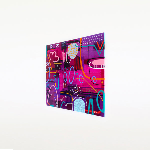 Large Abstract Pop Composition Painting in Acrylic, A Striking Modern Contemporary Canvas Wall Art | Locked in magenta (46"x46")