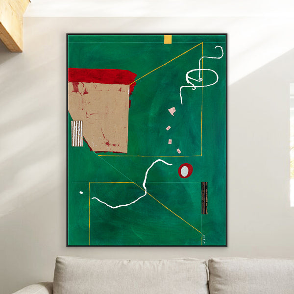 Acrylic & Oil in Green Abstract Original Painting, Modern Canvas Wall Art with Minimal Objects | Lusio (30"x40")