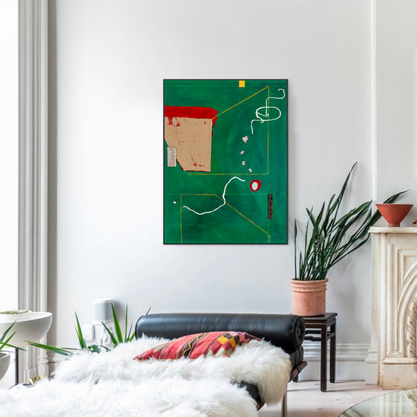 Acrylic & Oil in Green Abstract Original Painting, Modern Canvas Wall Art with Minimal Objects | Lusio (30"x40")