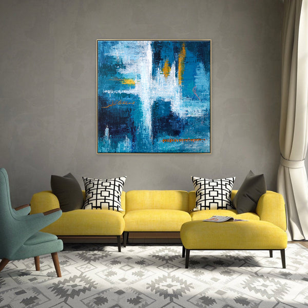 Original Abstract Acrylic Painting, Large Modern Canvas Art Brought to Life in Blue Expressionism | Measurement
