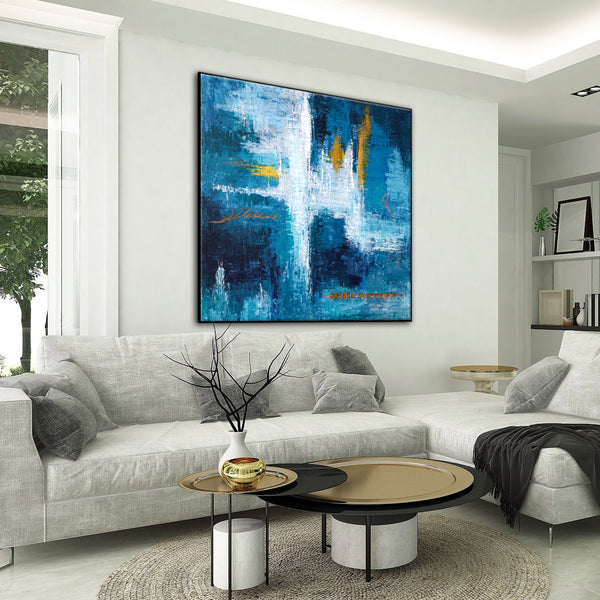 Original Abstract Acrylic Painting, Large Modern Canvas Art Brought to Life in Blue Expressionism | Measurement