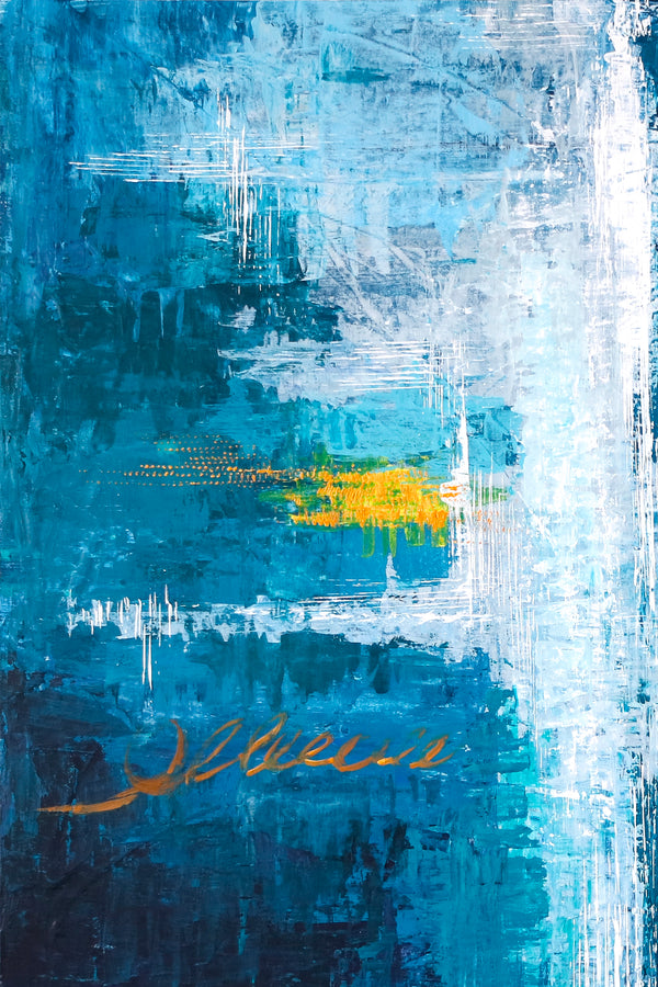 Original Abstract Acrylic Painting, Large Modern Canvas Art Brought to Life in Blue Expressionism | Measurement