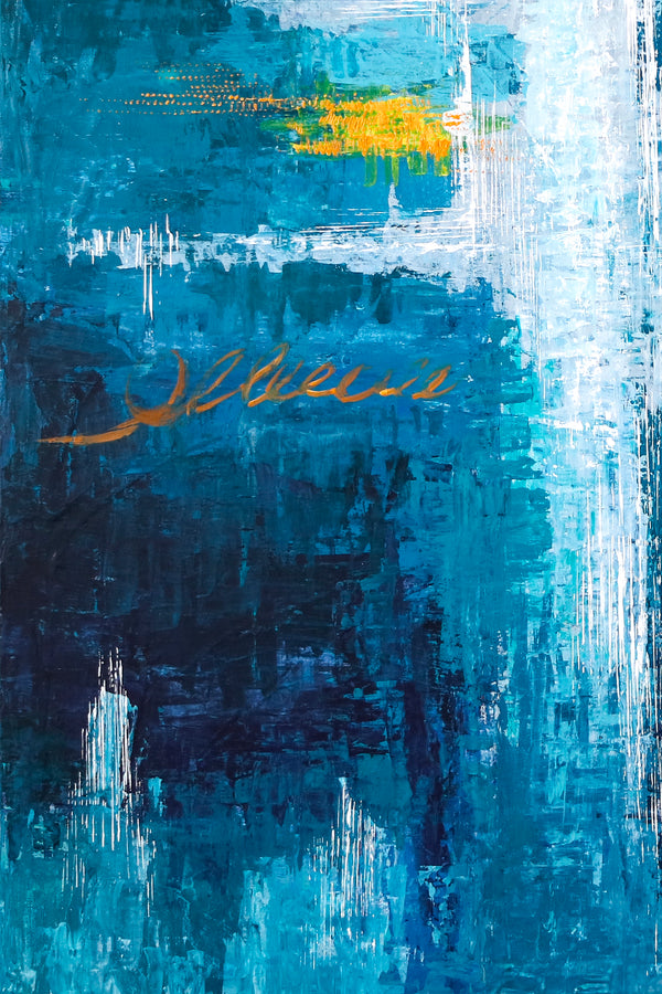 Original Abstract Acrylic Painting, Large Modern Canvas Art Brought to Life in Blue Expressionism | Measurement