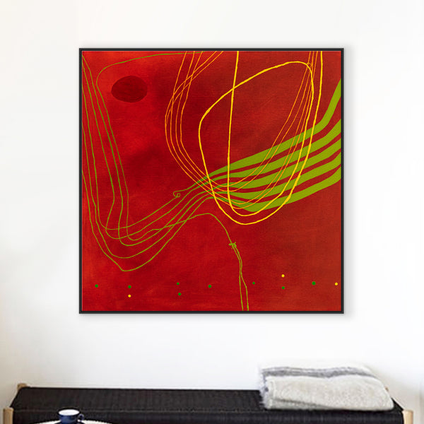 Red-toned Abstract Acrylic and Oil Painting with Minimalist Line Work, Modern Canvas Wall Art | Musica (36"x36")