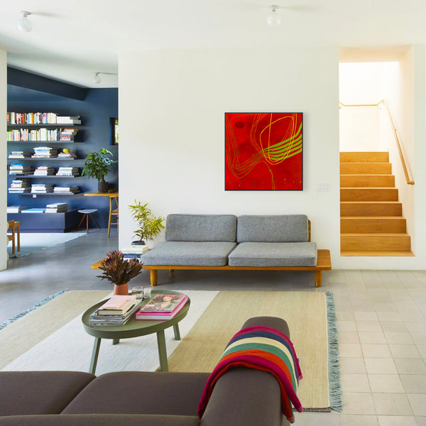 Red-toned Abstract Acrylic and Oil Painting with Minimalist Line Work, Modern Canvas Wall Art | Musica (36"x36")